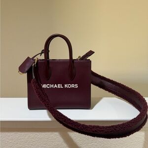 Michael Kors Burgundy Crossbody Tote with Shearling Strap